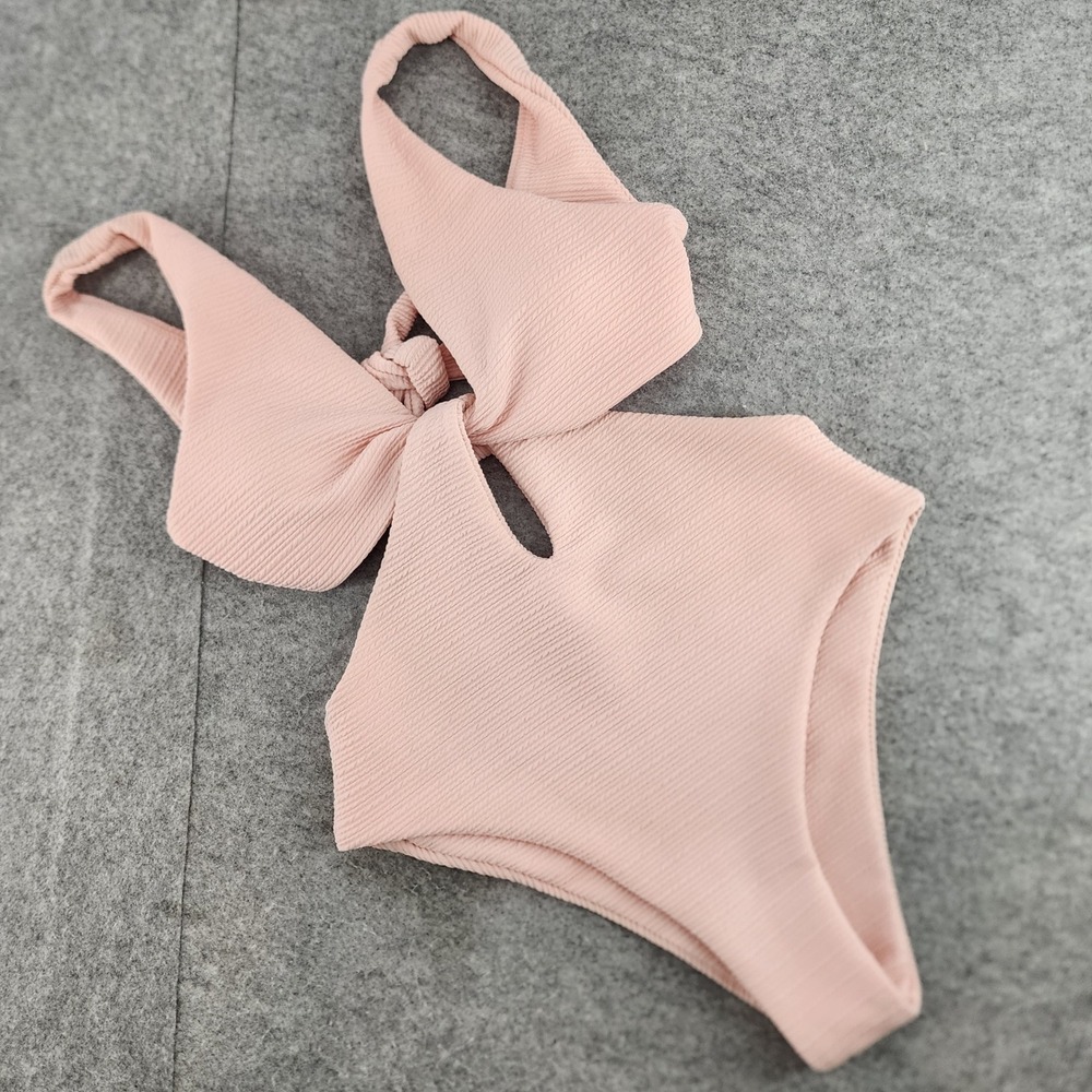 CUPSHE Pink Ribbed Cut Out Tie Front One Piece Swimsuit Womens Size Medium